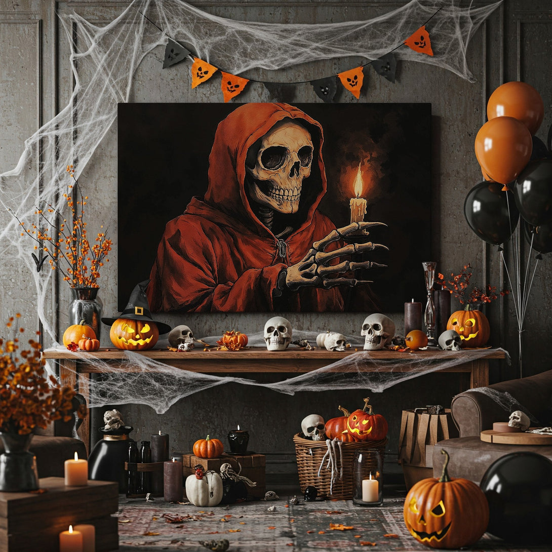 Framed Wall Art: Spooky skeleton holding candle in a red robe. Dark, gothic style with warm orange and black color palette. Perfect Halloween decor.
