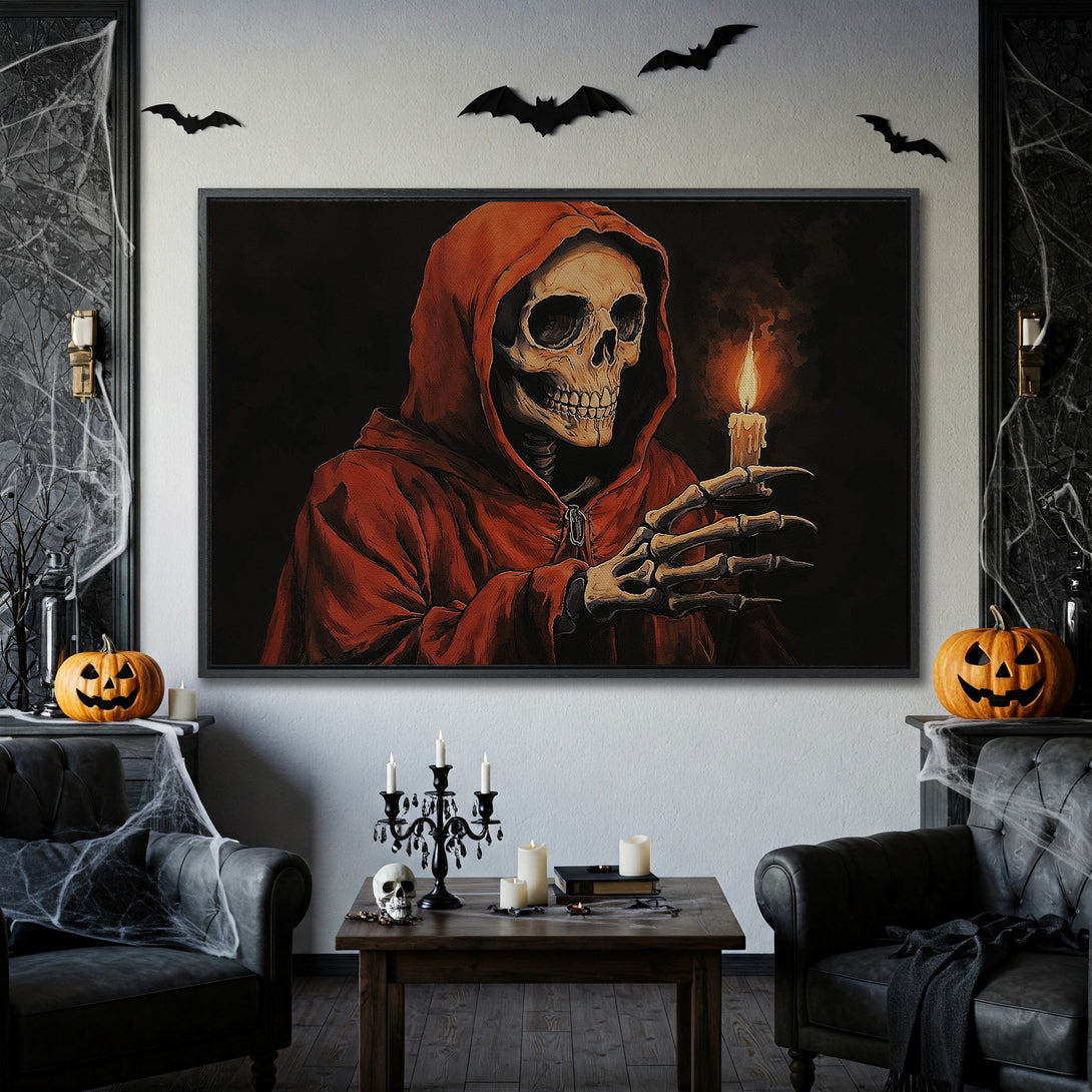 Framed Wall Art: Spooky skeleton in red robe holding candle. Perfect Halloween decor. Dark, moody color palette. Add a touch of eerie elegance to your space!
