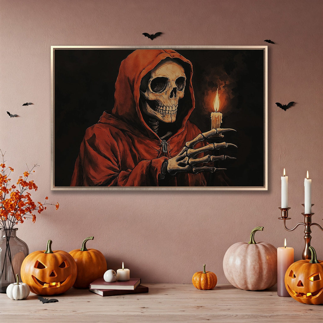 Framed Wall Art: Spooky skeleton in red robe holding candle. Dark, gothic style with warm orange and black color palette. Perfect Halloween decor.