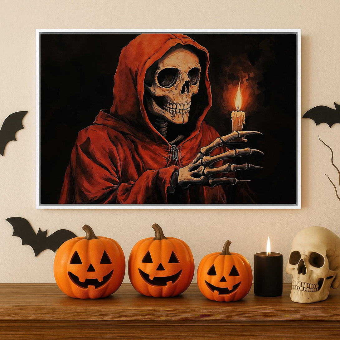 Framed Wall Art: Spooky skeleton in red cloak holding candle. Dark, dramatic art with orange, red, and black color palette. Perfect Halloween decor.