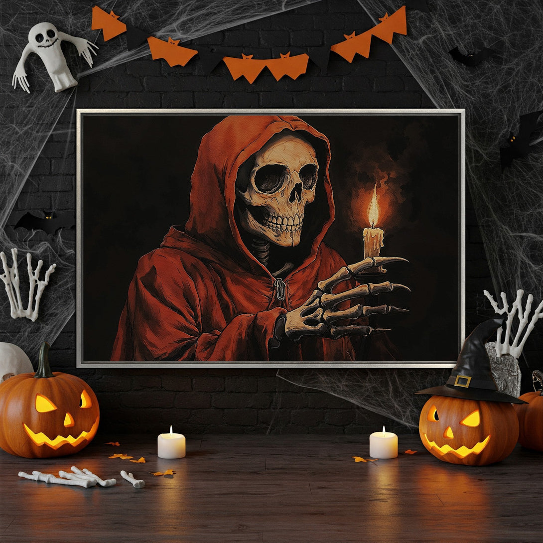 Framed Wall Art: Spooky Halloween canvas print featuring a hooded skeleton holding a candle. Dark, gothic style with a red and orange color palette. Perfect for Halloween decor!