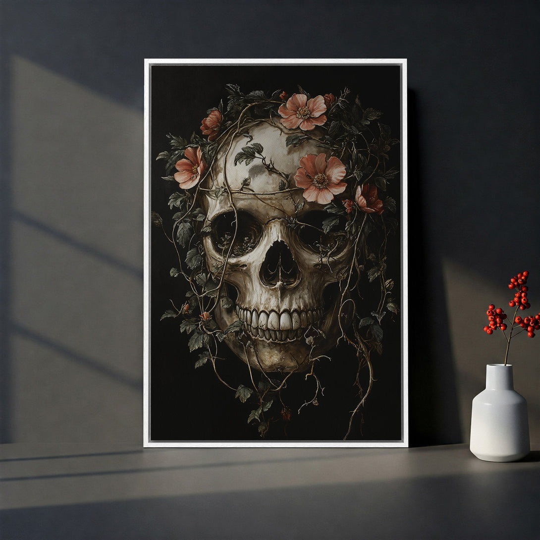 Framed Wall Art: Gothic skull with floral crown in muted tones. Dark, moody canvas print for a unique home decor statement.