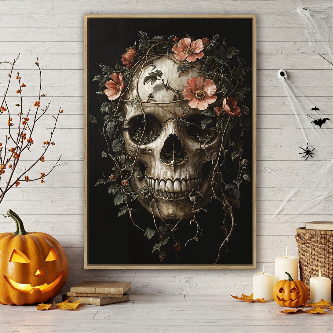 Framed Wall Art: Spooky skull with floral crown. Dark, moody color palette. Perfect Halloween decor for a unique, gothic touch. Shop now!