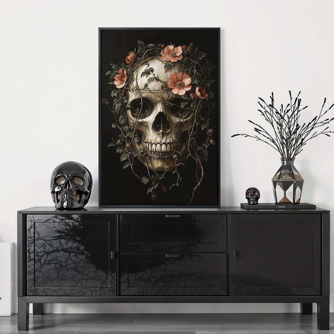 Framed Wall Art featuring a skull with floral accents. Dark, moody aesthetic with a black, white, and peach color palette. Perfect for adding an edgy touch to any space.