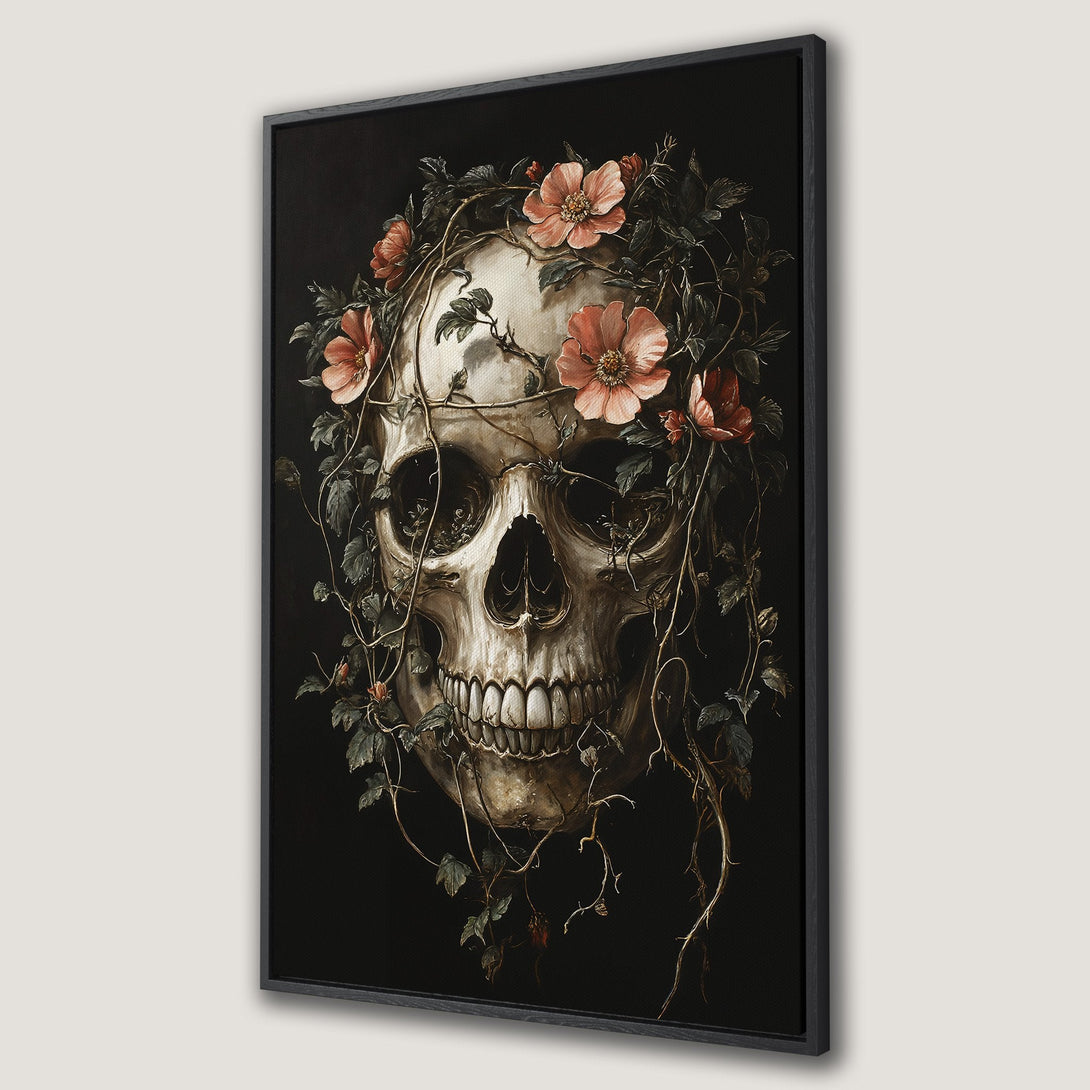 Framed Wall Art: Skull with floral crown, dark & moody aesthetic. Earthy tones with pops of coral. Gothic decor for a unique home.