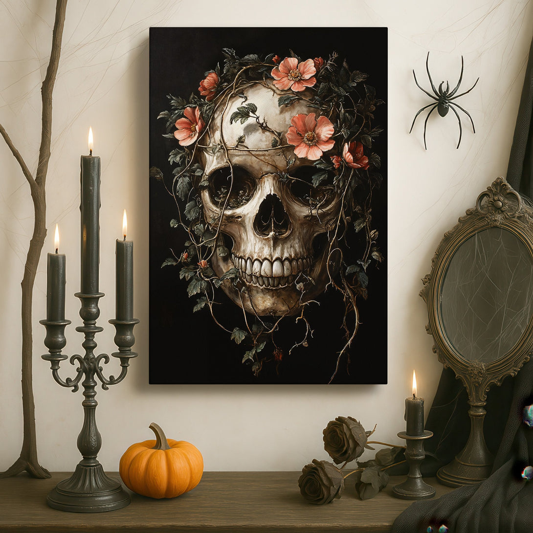 Framed Wall Art: Gothic skull with flowers. Dark, moody aesthetic. Perfect for adding a touch of mystery to your home decor. Black, cream, and peach color palette.