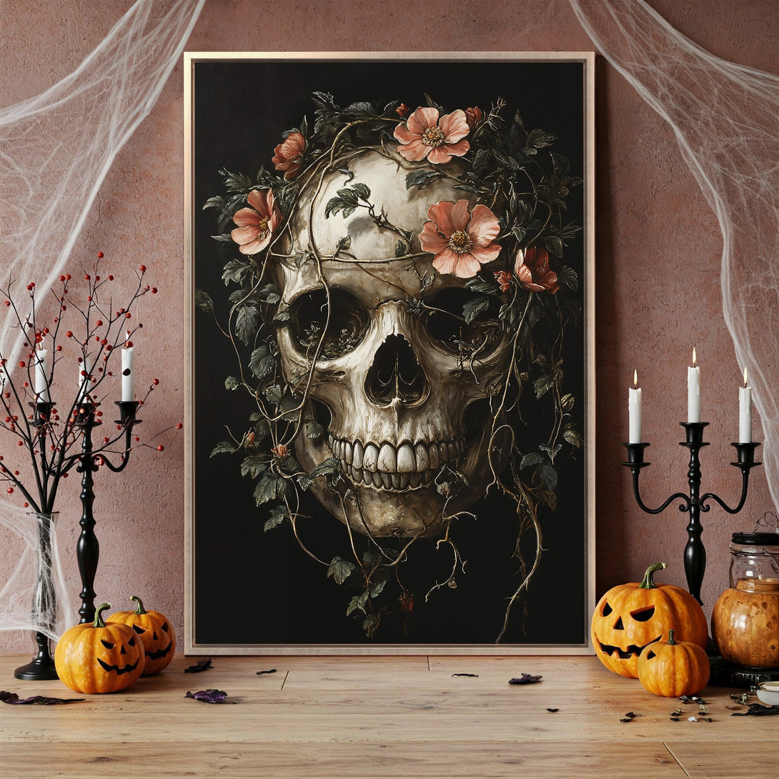 Framed Wall Art: Spooky skull with floral crown. Gothic style art with a dark, moody color palette. Perfect Halloween decor.