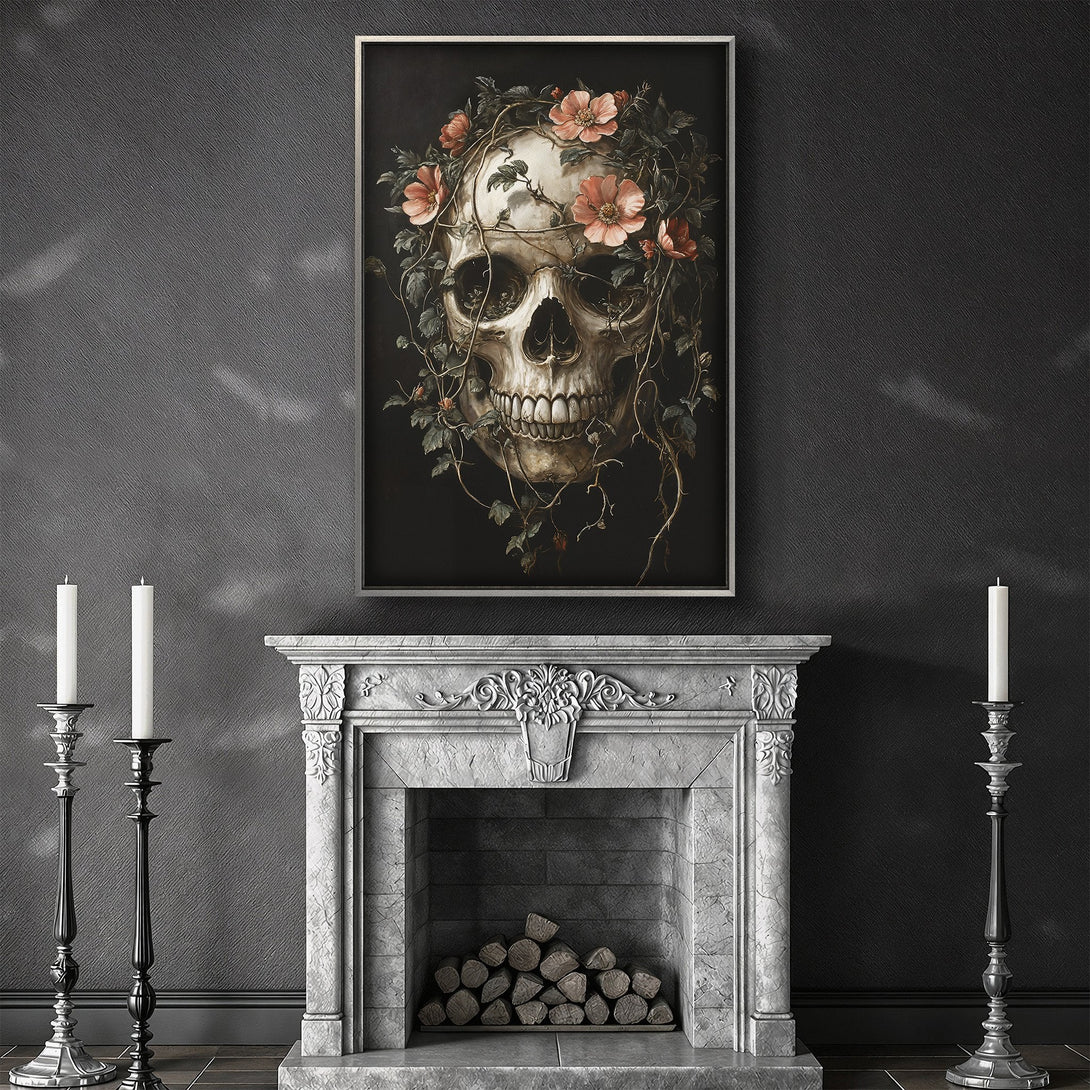 Framed Wall Art: Gothic skull with floral crown. Dark, moody aesthetic in a black, gray, and peach color palette. Perfect for adding a unique touch.