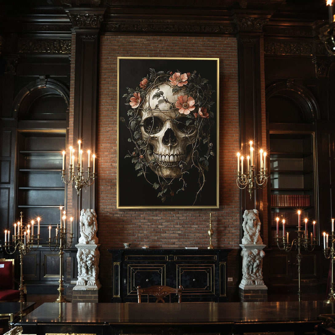 Canvas Print of a skull with floral crown, dark gothic style, featuring a black and orange color palette, perfect for Halloween decor.