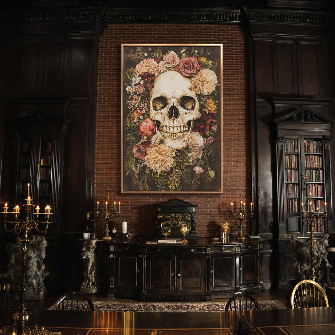 Framed Wall Art: Gothic skull with floral crown. Dark, moody interior decor with a vintage aesthetic. Earthy tones, perfect for a statement piece.