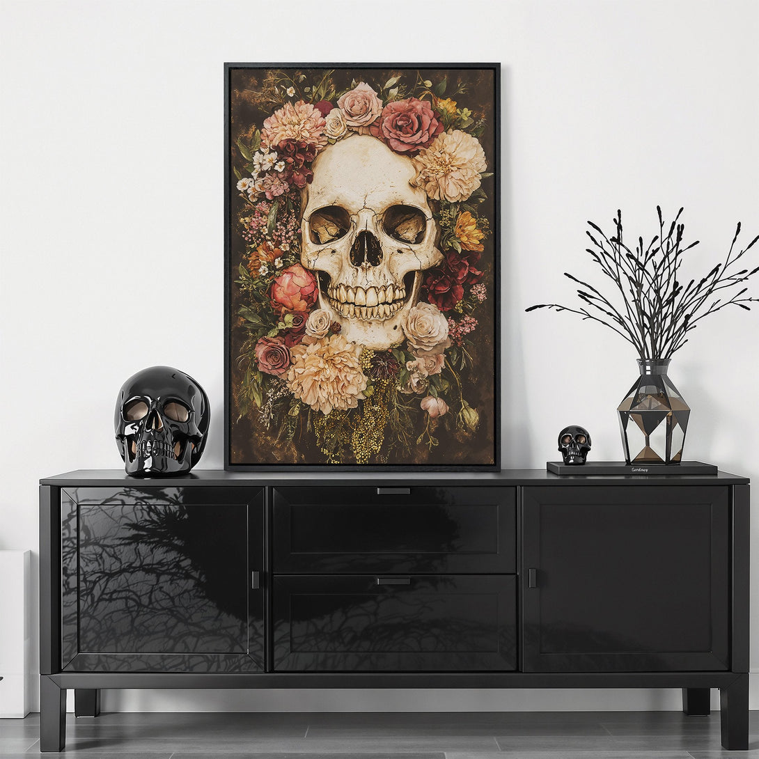 Framed Wall Art featuring a skull with floral crown in a dark, moody color palette. Perfect for adding a unique touch to your home decor.