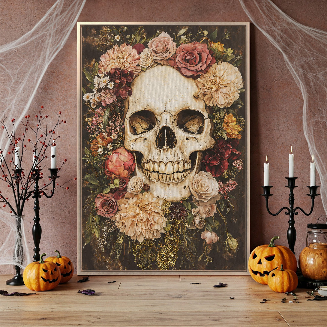 Framed Wall Art: Vintage skull with floral crown. Dark, moody color palette with roses, perfect for Halloween decor. Add a touch of gothic style to your home.