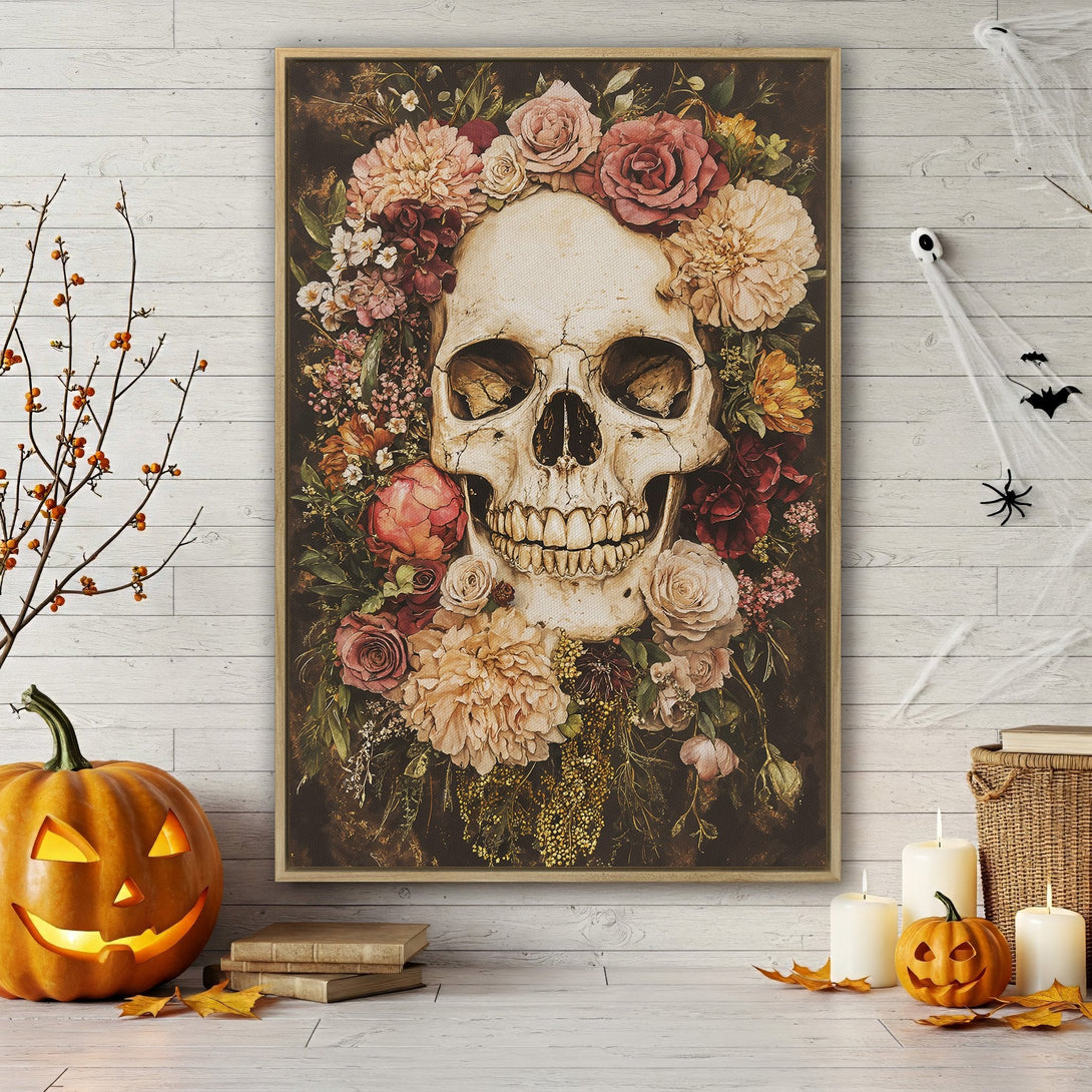 Framed Wall Art: Skull with floral wreath in vintage style, featuring a warm, moody color palette. Perfect for Halloween decor & adding a unique touch to your space.