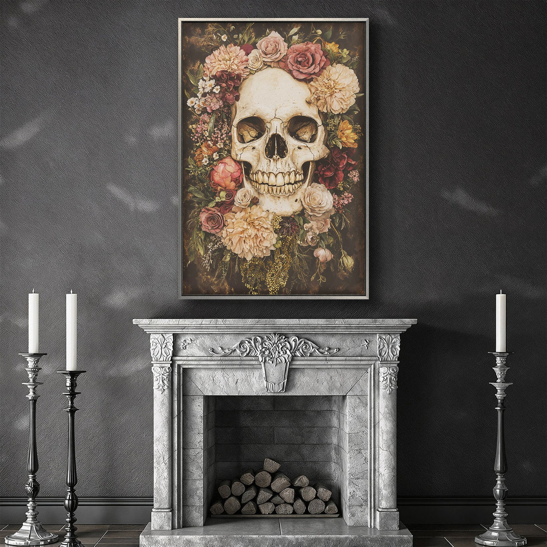 Framed Wall Art featuring a skull adorned with flowers. Dark, moody aesthetic with a vintage color palette of reds, pinks, and creams. Perfect gothic home decor.