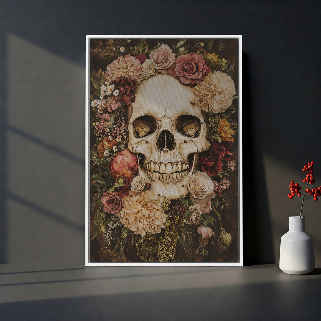 Framed Wall Art featuring a skull surrounded by flowers. Dark, moody color palette with vintage style. Perfect for gothic home decor.
