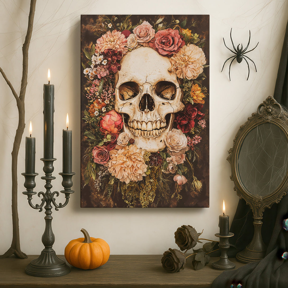 Framed Wall Art: Skull with floral crown. Gothic style, dark & moody color palette. Perfect statement piece for your home decor.