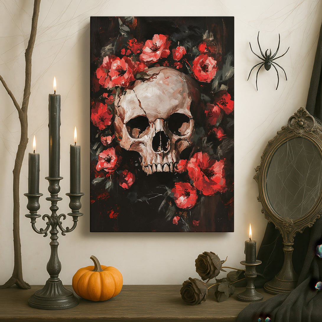 Framed Wall Art: Gothic skull with red floral accents. Dark, moody painting in a luxurious interior. Perfect for adding a touch of edgy elegance to your space.