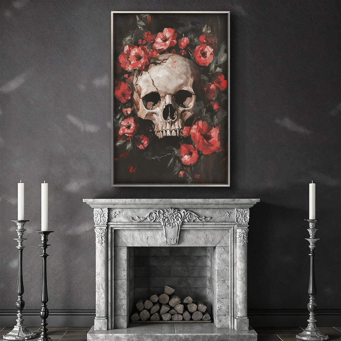 Framed Wall Art featuring a skull with red roses. Gothic style, dark color palette. Perfect for adding a unique touch to your home decor!