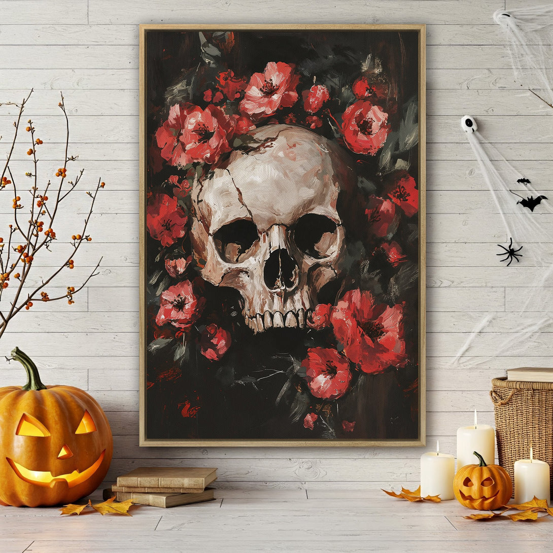 Framed Wall Art: Gothic skull and red flower canvas print. Dark, moody art for Halloween decor. Adds a touch of spooky elegance to any space.