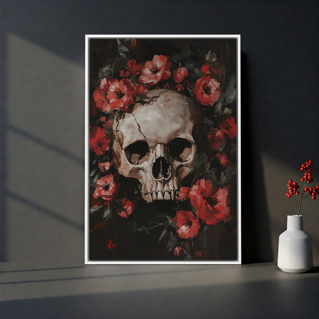 Framed Wall Art: Skull & red floral painting. Dark & moody aesthetic. Perfect for modern home decor. Canvas Print available.