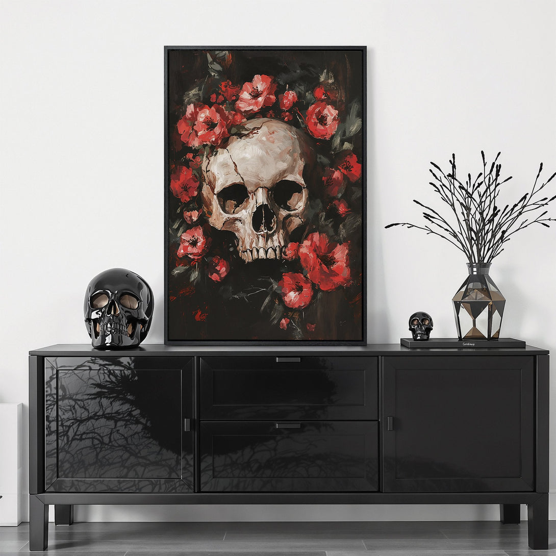 Framed Wall Art featuring a skull and red floral design. Dark, gothic style with a black and red color palette. Perfect for adding edgy decor to any space.