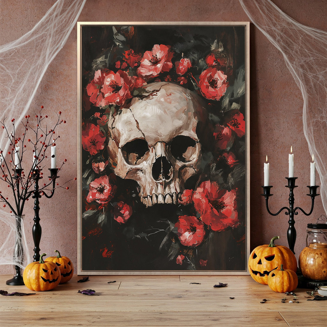 Framed Wall Art featuring a skull and red flowers. Dark, dramatic painting style with a red and black color palette, perfect for Halloween decor.