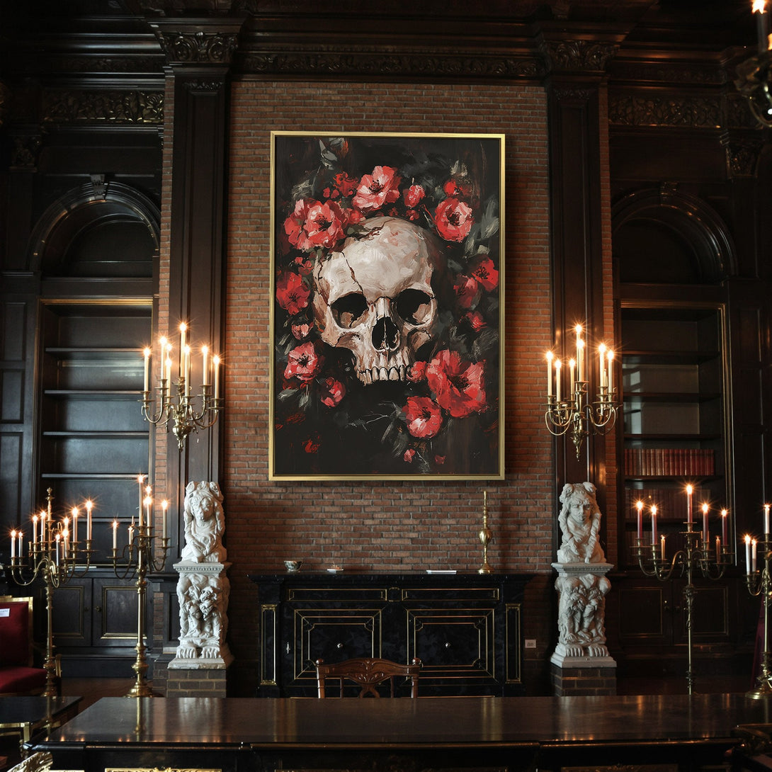 Canvas Print: Skull art with red flowers, dark & moody style. Perfect for Halloween decor, featuring a black, red, and white color palette.