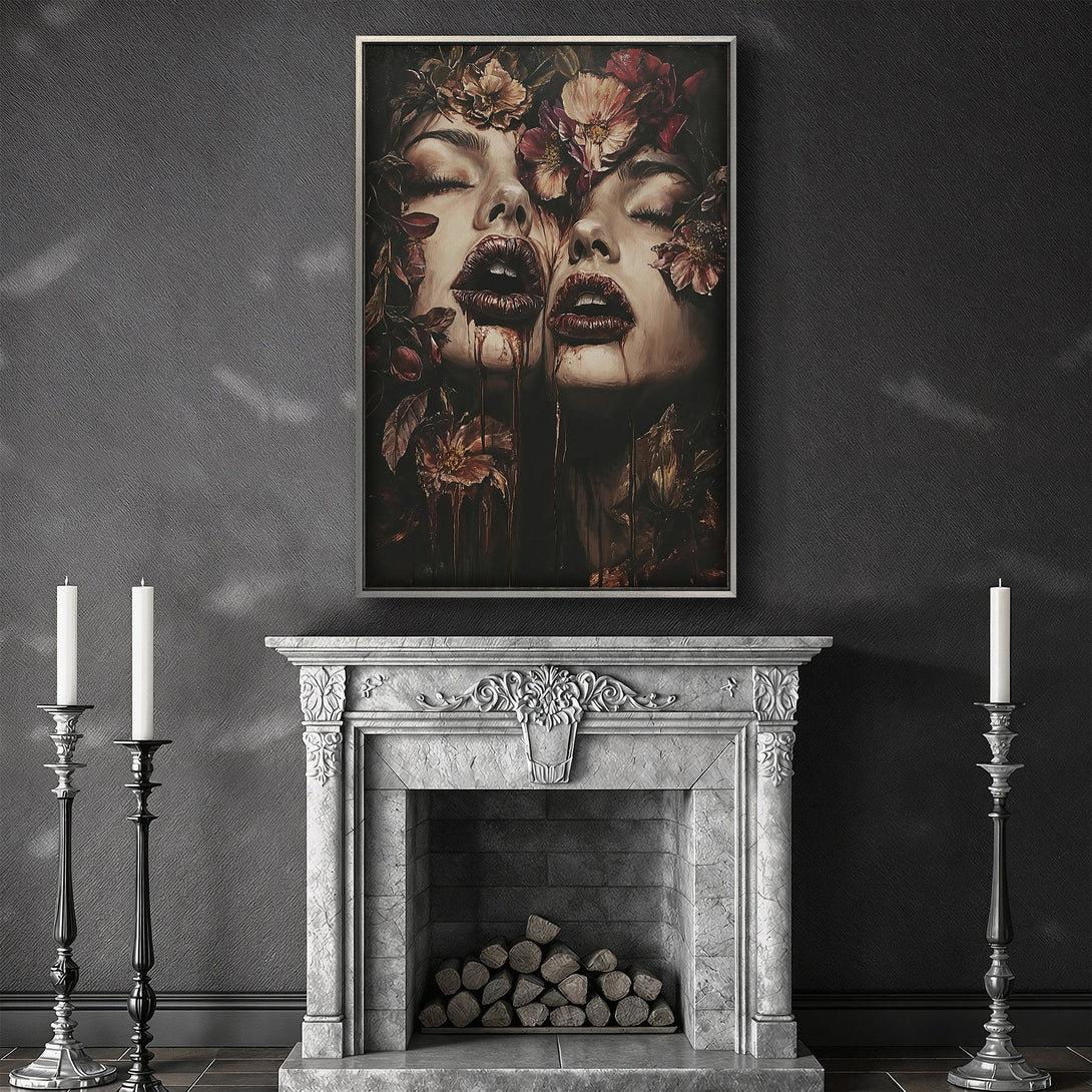 Framed Wall Art: Ethereal portrait of two women with floral accents, dark & moody color palette. Perfect for adding artistic flair to your space.