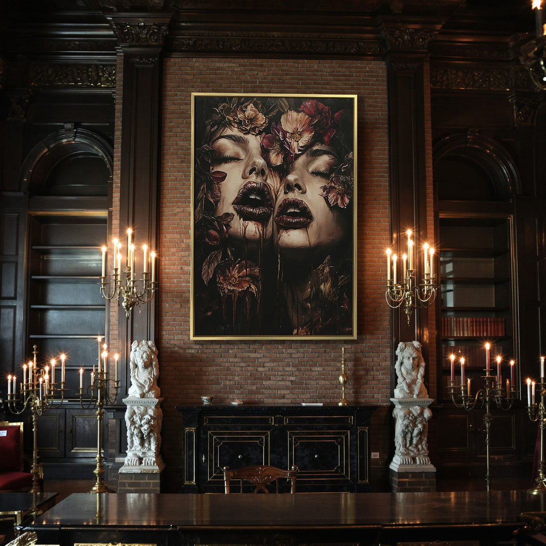 Canvas Print featuring a gothic portrait of two women with floral accents, dark red and brown color palette, perfect for Halloween decor.