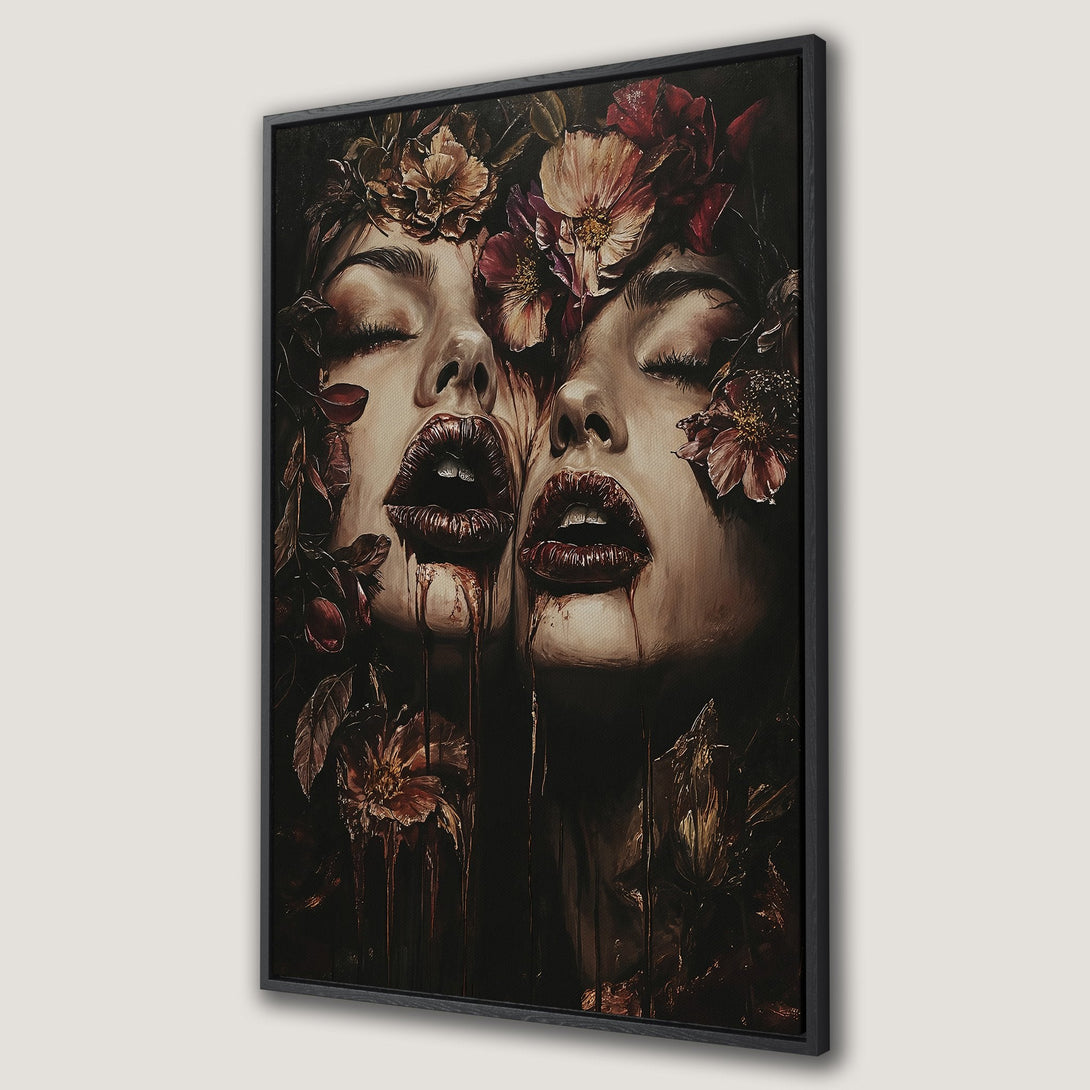 Framed Wall Art featuring a surreal portrait of two women with floral crowns, dark and moody color palette. Perfect for modern decor.