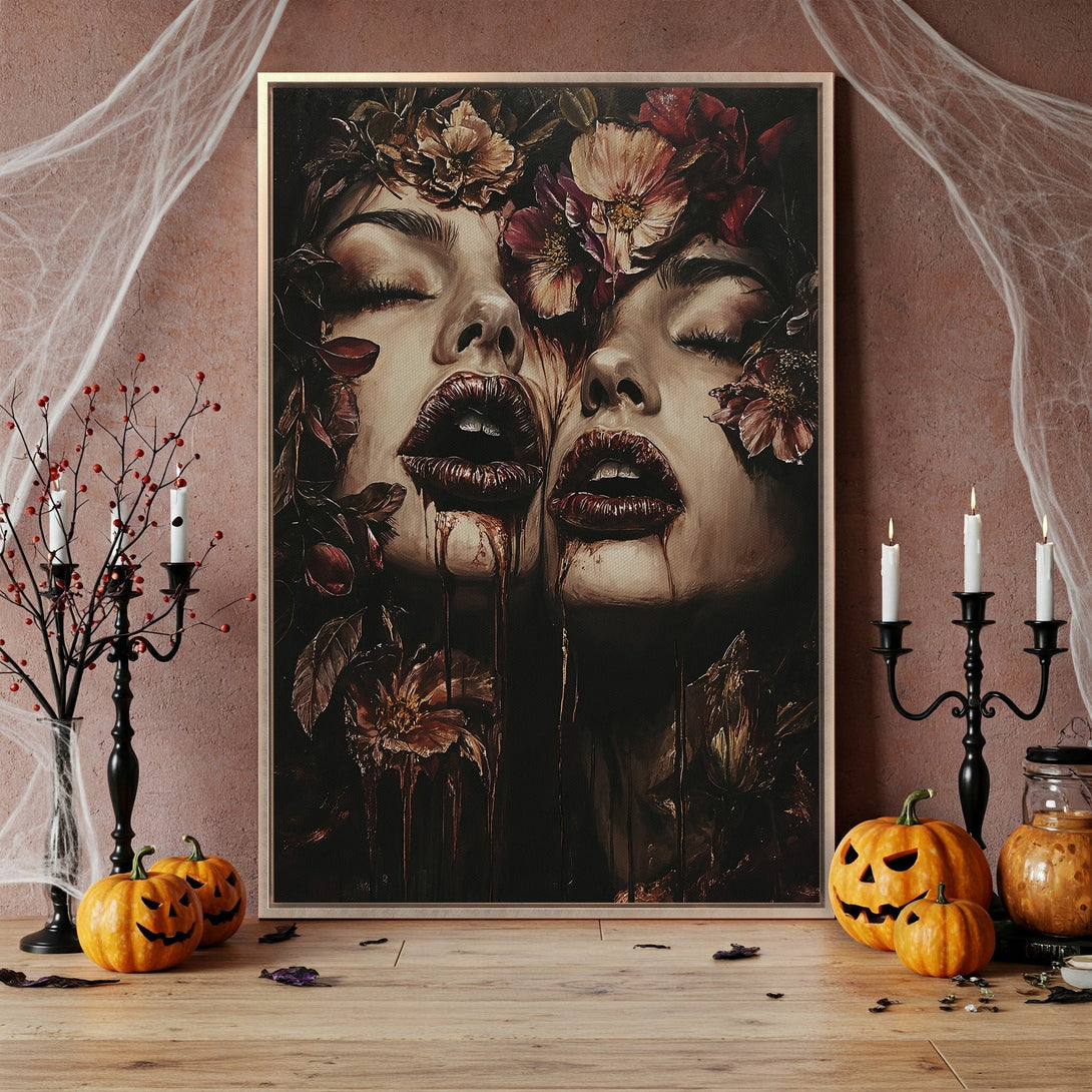 Framed Wall Art featuring a gothic portrait of two faces with floral accents. Dark, moody color palette with reds, browns, and blacks, perfect for Halloween decor.