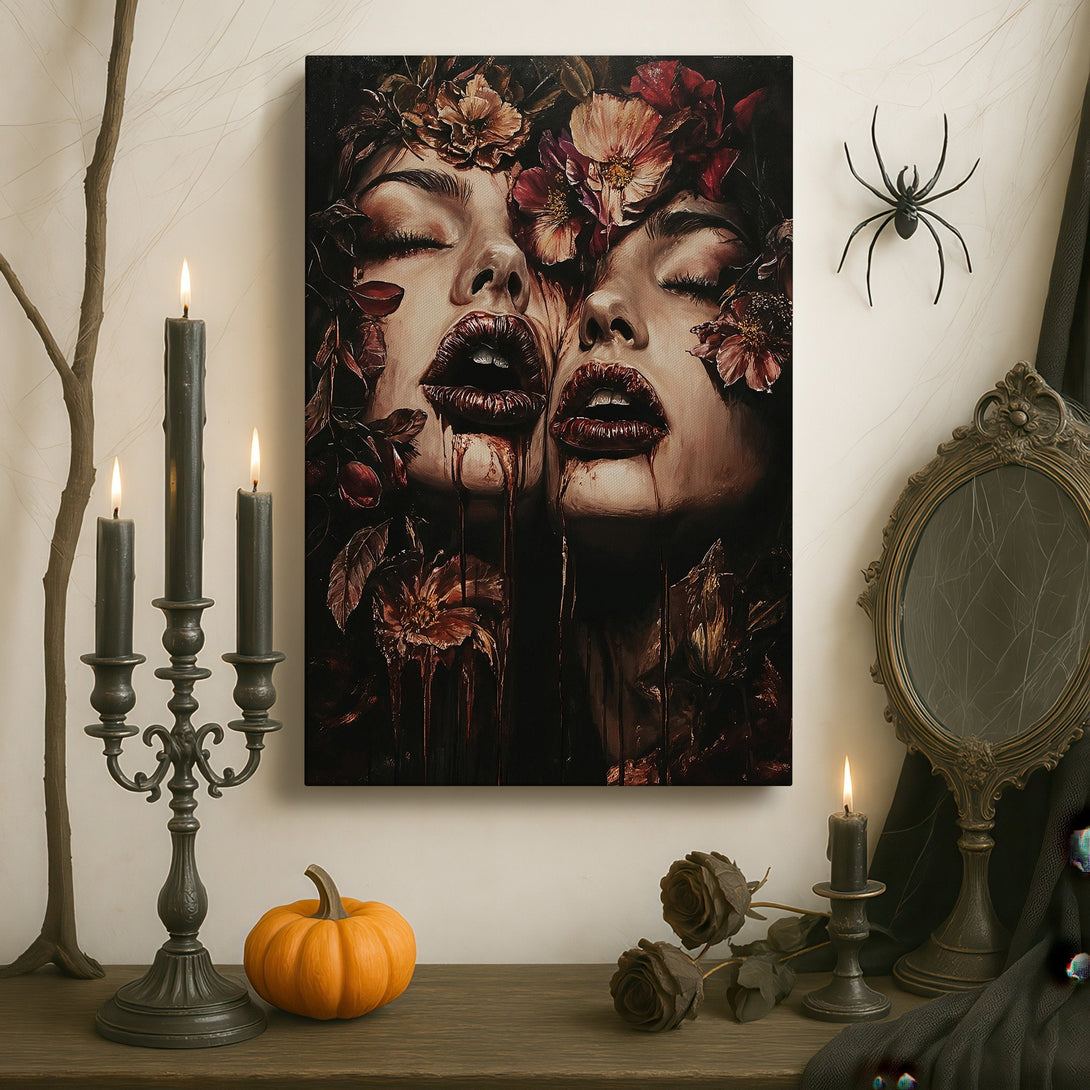 Framed Wall Art: Eerie portrait of two faces with floral elements, dark, moody color palette. Perfect for adding a touch of gothic elegance to your space.