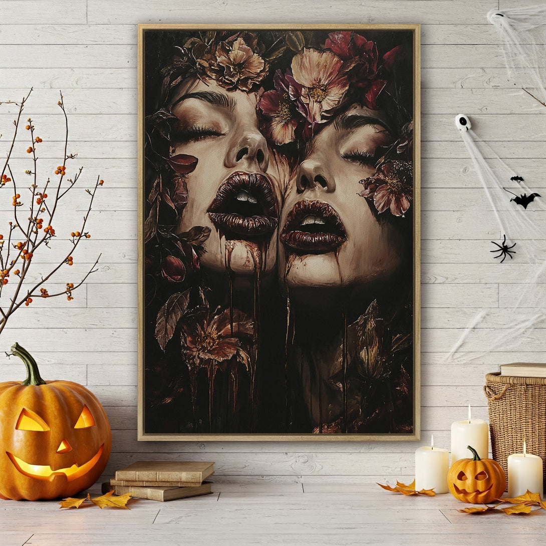 Framed Wall Art featuring two female faces with flowers, dark red & brown color palette. Gothic art style, perfect for Halloween decor.