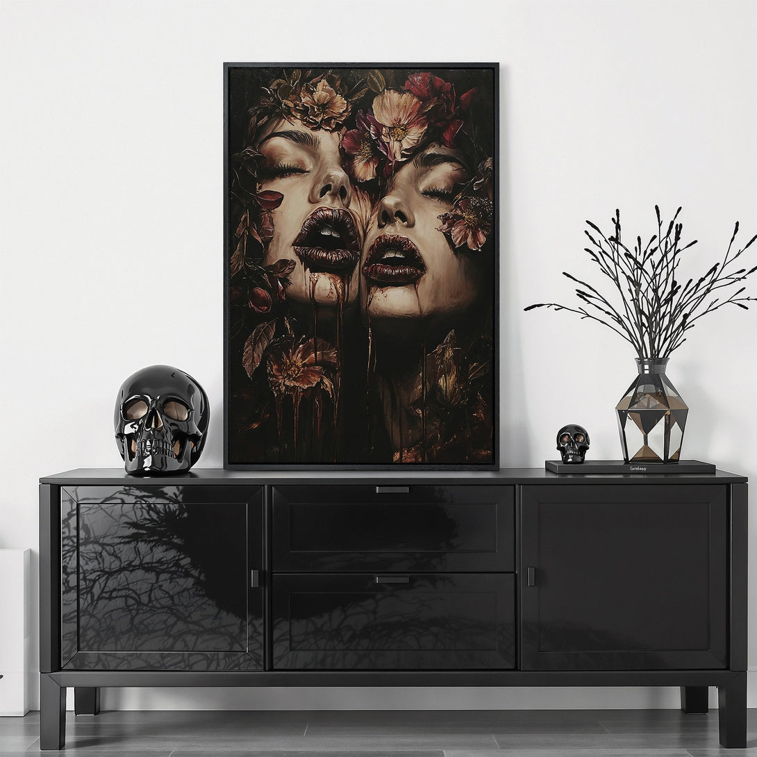 Framed Wall Art: Dramatic portrait of two women with floral crowns, dark and moody color palette. Elevate your space with this stunning Canvas Print.