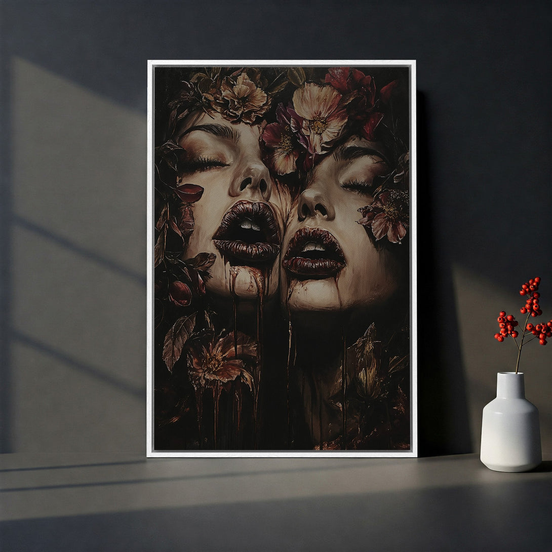 Framed Wall Art featuring a surreal portrait with floral elements, dark, moody color palette. Perfect for adding artistic flair to any space.
