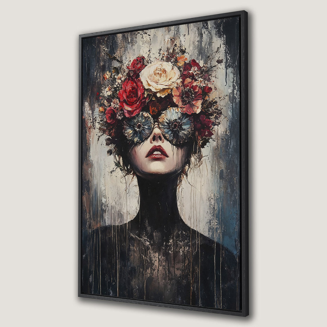 Framed Wall Art featuring a woman with floral mask, abstract style, and a moody color palette of reds, whites, and blacks. Perfect for modern decor.
