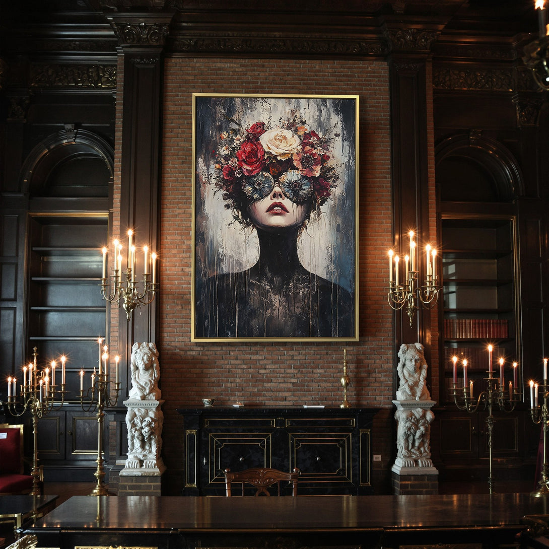Canvas Print of a woman with a floral headpiece, dark moody style, featuring a red, white, and blue color palette, perfect for Halloween decor.