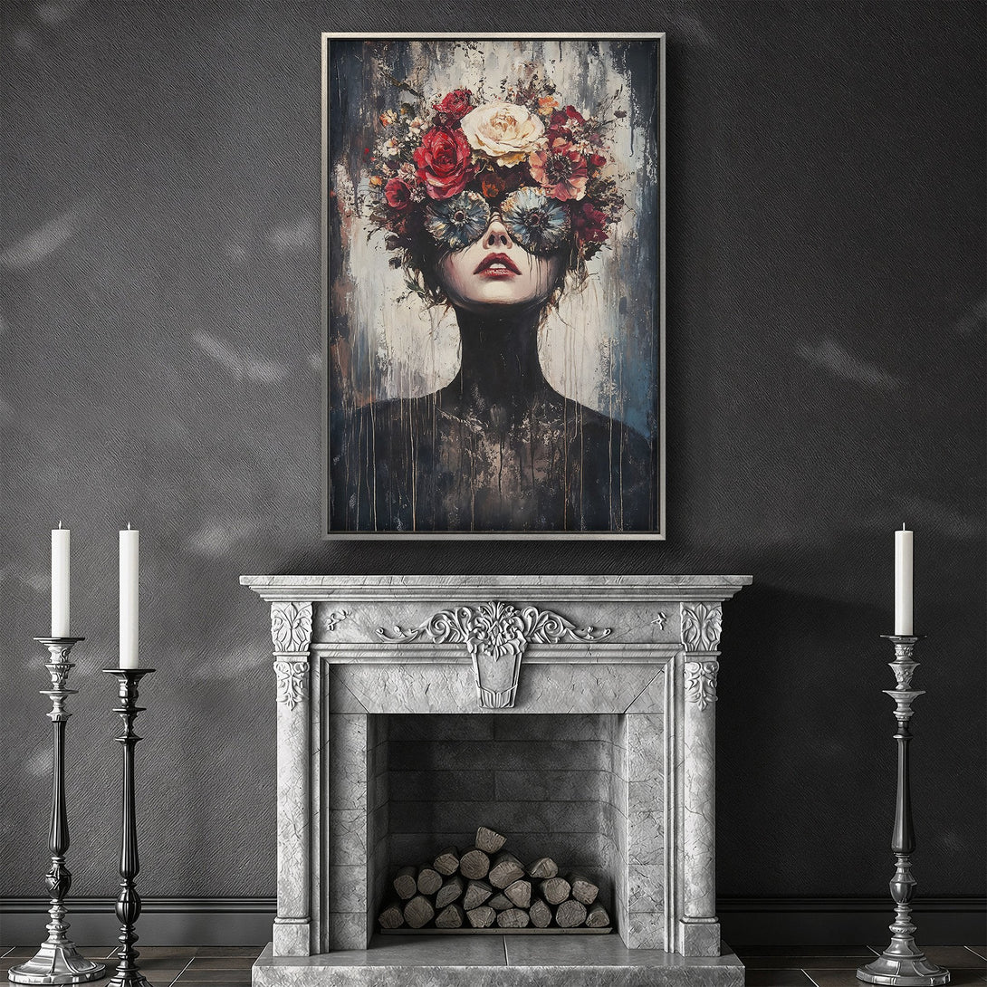 Framed Wall Art: Abstract portrait with floral headdress, moody color palette. Perfect for adding artistic flair to any space. Shop now!