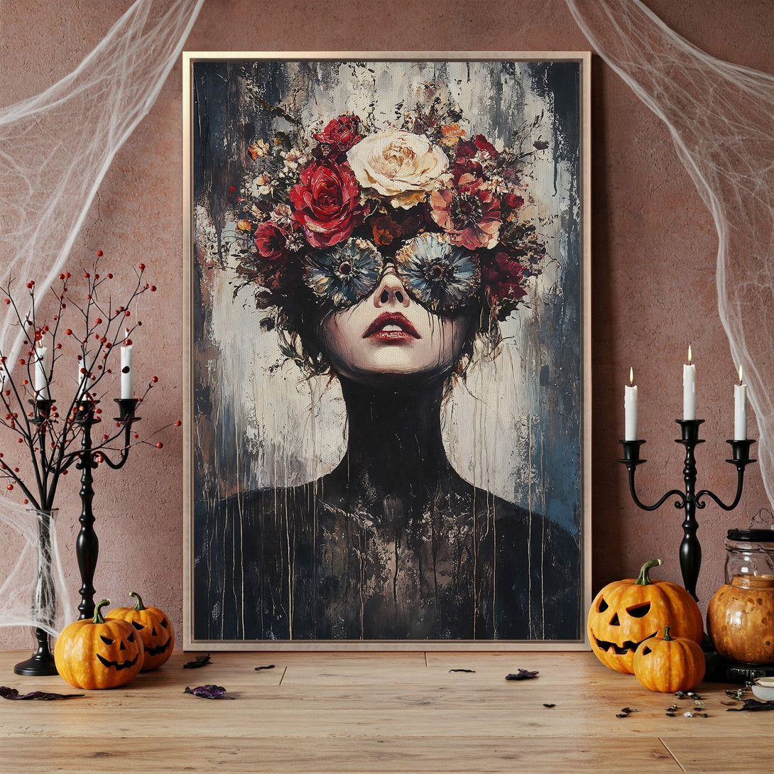 Framed Wall Art: Abstract floral portrait canvas print with dark, moody color palette. Perfect for Halloween decor or unique home art.