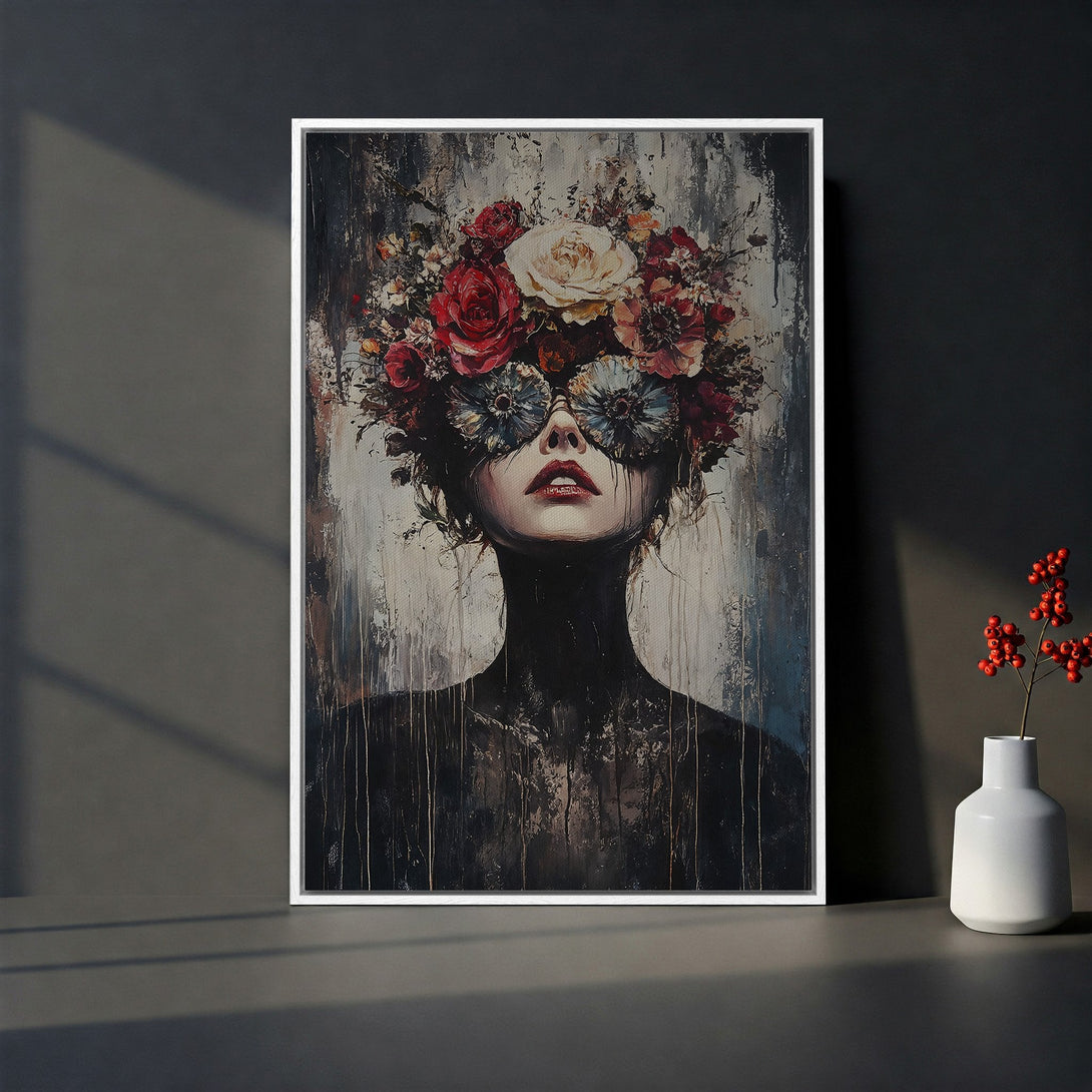 Framed Wall Art: Abstract portrait with floral mask, moody color palette. Add a touch of elegance with this stunning canvas print. Perfect for any space!