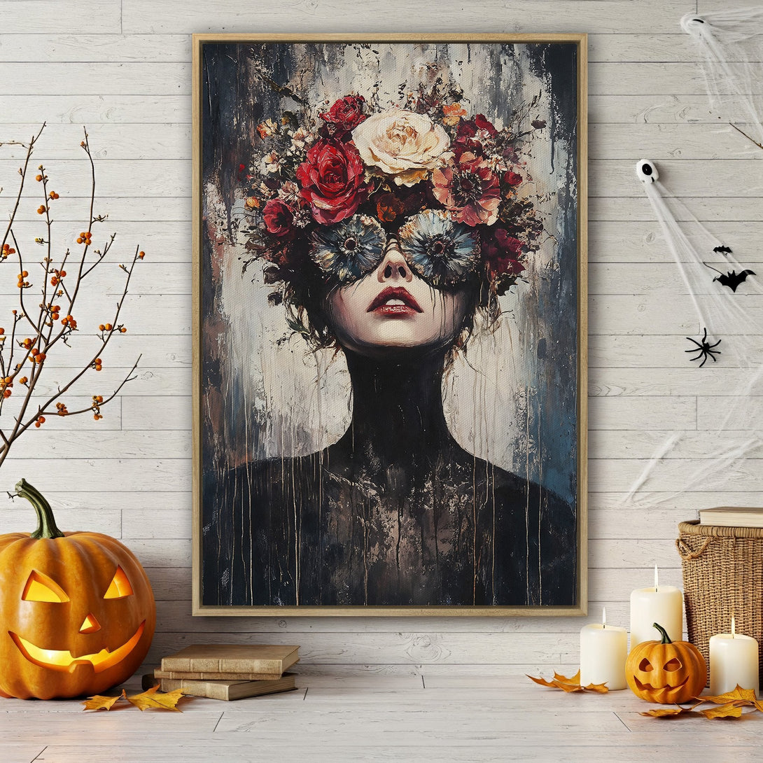 Framed Wall Art: Abstract portrait of a woman with floral headpiece. Moody, dark color palette with red, white, and black tones. Perfect for Halloween decor.