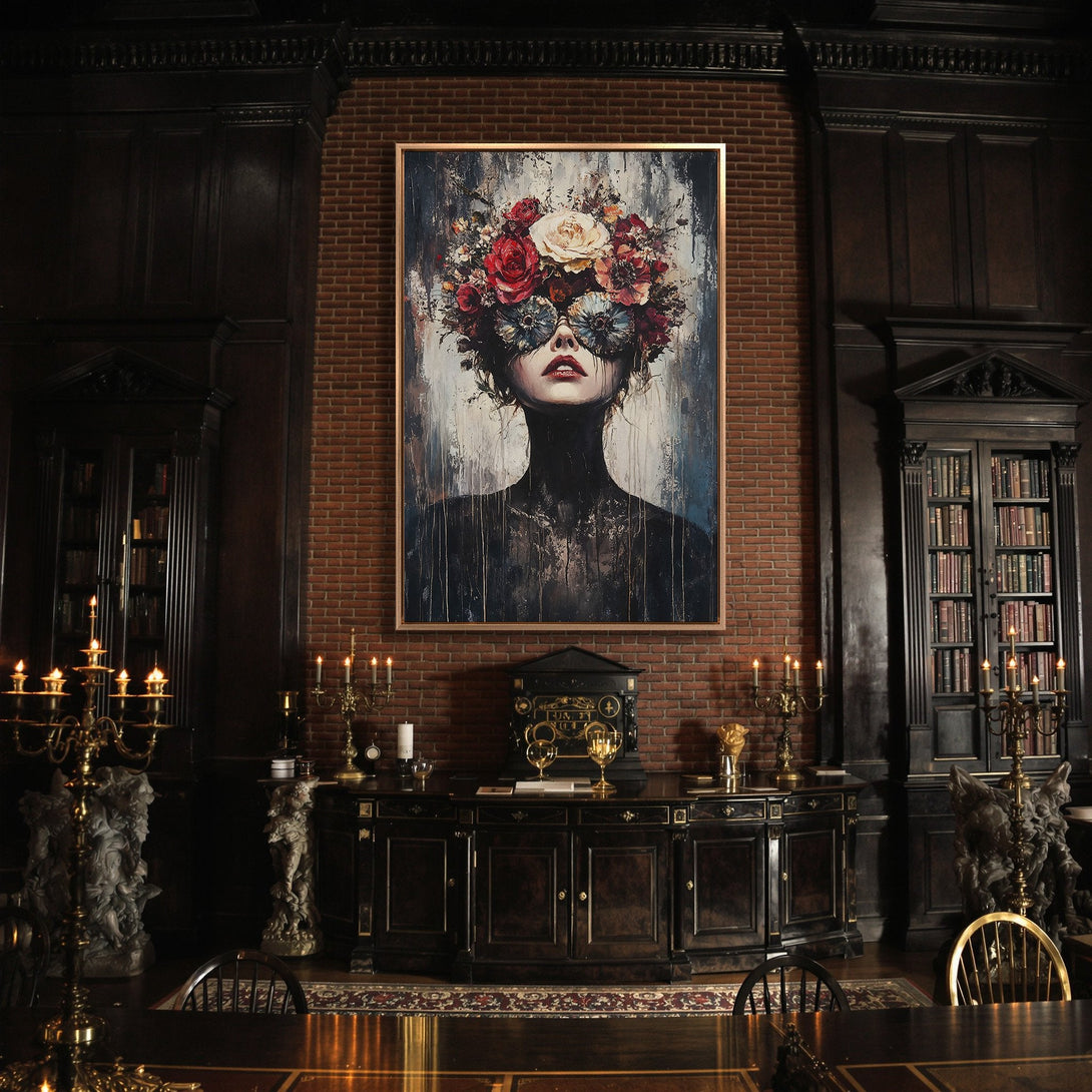 Framed Wall Art: Abstract portrait with floral headdress, moody tones. Perfect for adding a touch of elegance to any room. Dark, rich color palette.