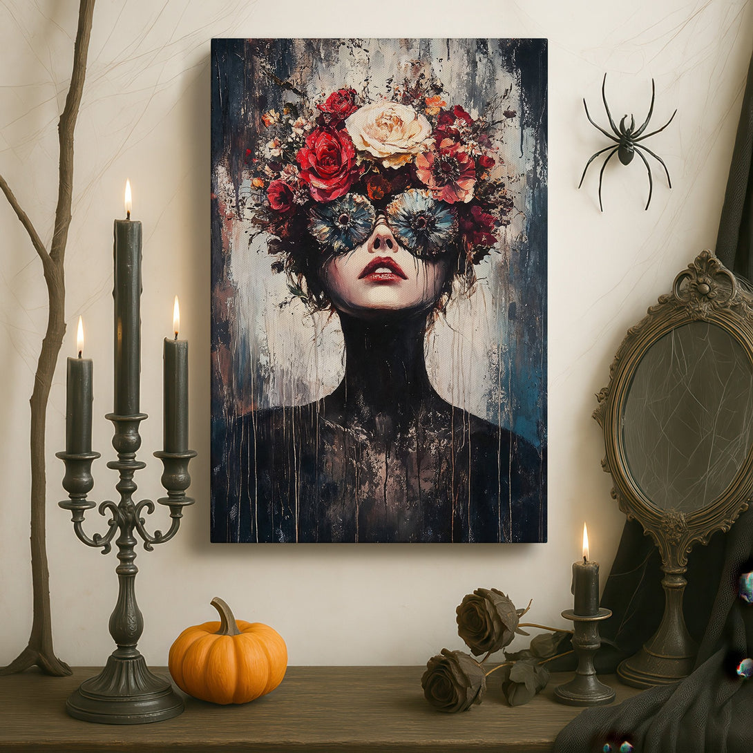 Framed Wall Art: Stunning floral portrait in a moody, dark palette. Elevate your space with this captivating canvas print, perfect for adding artistic flair.