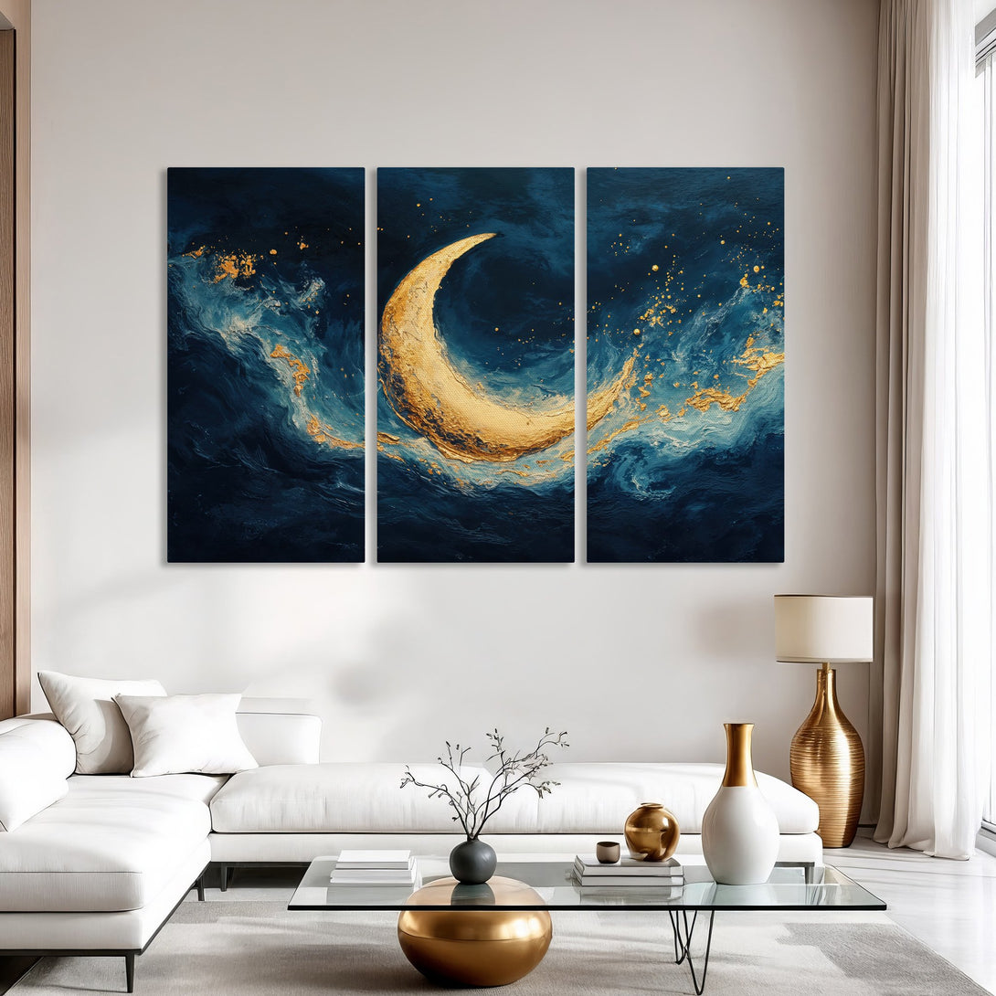 Canvas Print: Abstract moon art in blue and gold, perfect for modern home decor. Enhance your space with this stunning triptych.