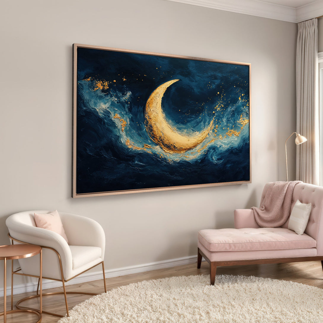 Framed Wall Art: Abstract moon canvas print in navy, gold, & teal. Modern art for living room decor. Shop now for stunning wall art!