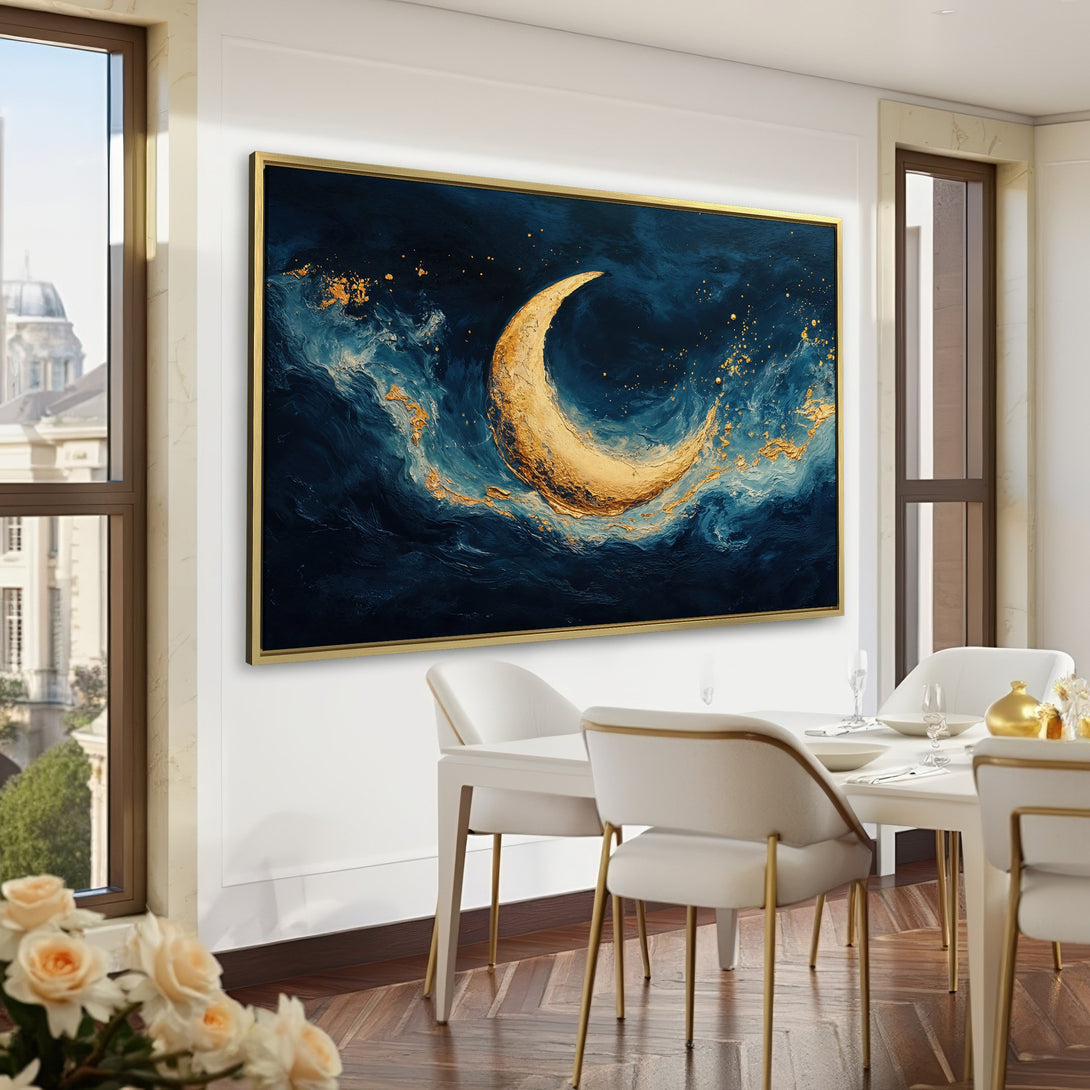 Canvas Print: Abstract gold moon art on a dark blue background. Modern wall art with a luxurious feel. Perfect for home decor.
