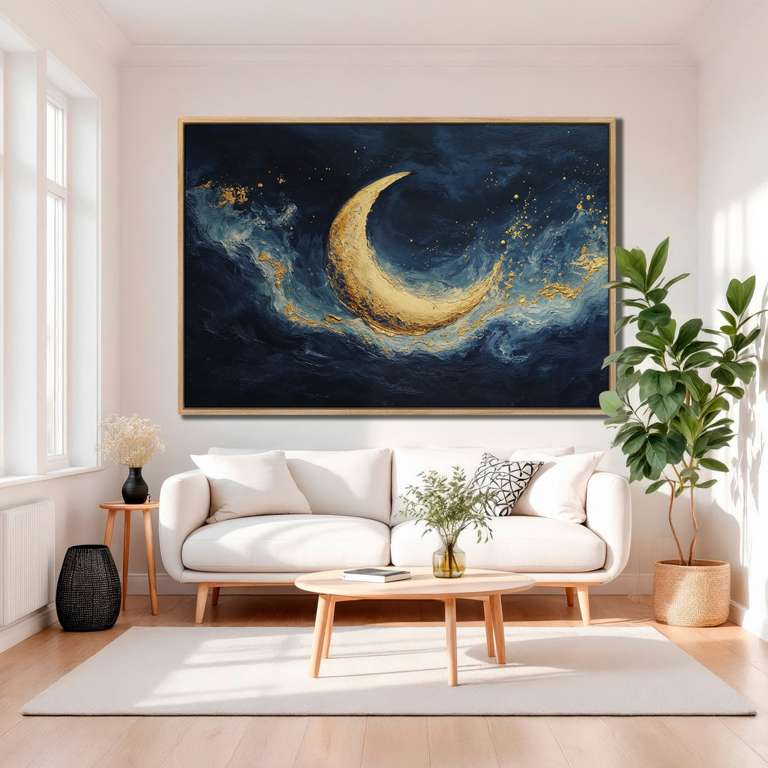 Framed Wall Art: Abstract moon art in navy, gold, and teal. Modern canvas print adds a touch of elegance to any living room.
