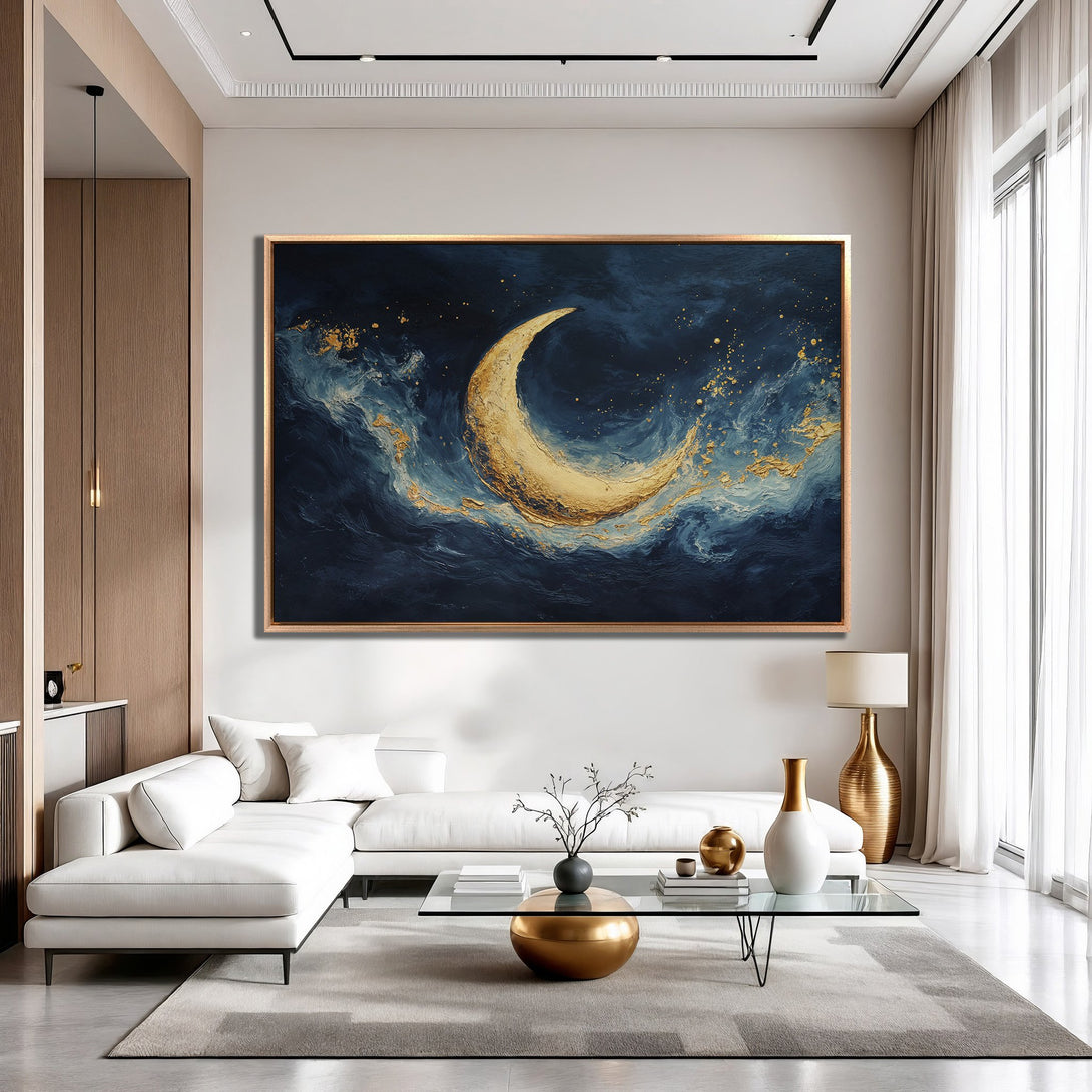 Framed Wall Art: Abstract moon painting in navy, gold, and blue tones. Modern art canvas print perfect for living room decor.