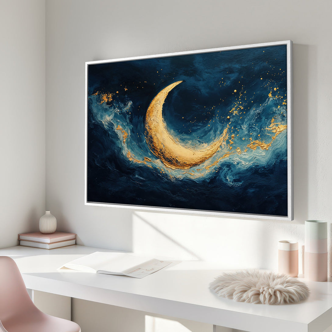 Framed Wall Art: Abstract gold crescent moon on dark blue canvas. Modern art with a touch of luxury, perfect for any interior.