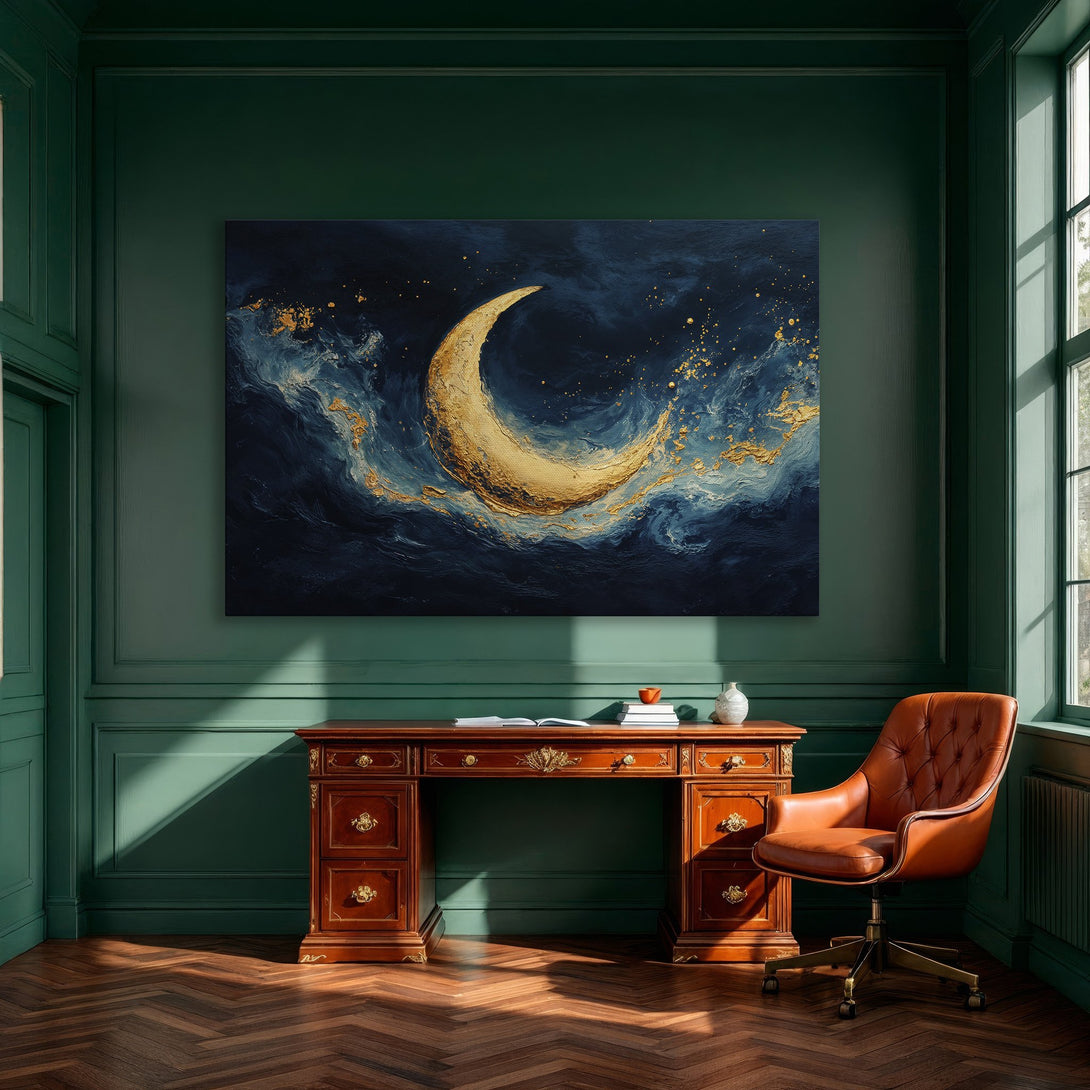 Framed Wall Art: Abstract moon art in blue and gold. Modern canvas print adds elegance to any interior. Shop now for stunning wall decor!